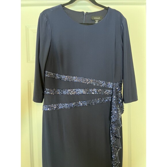 R&M RICHARDS Maxi Dress Gown Navy Blue Stretch Knit Ruffle Sequins Sz 14 Evening - Picture 3 of 12